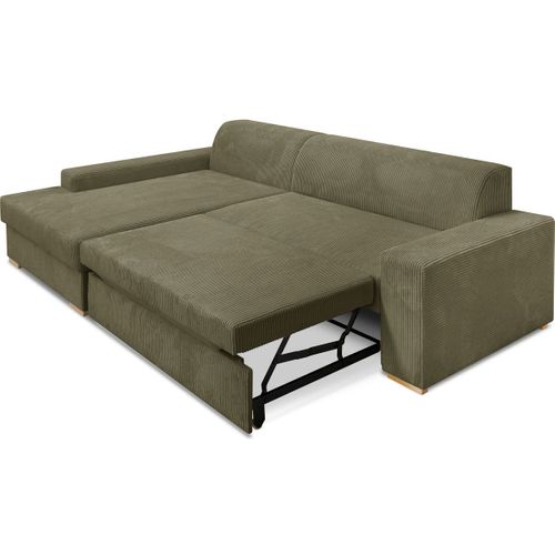 Canapé D'angle à Gauche Convertible 3/4 Places En Velours Côtelé Vert Kaki - Nyssa