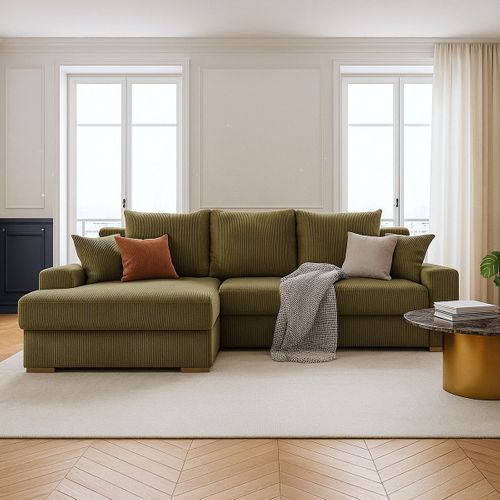 Canapé D'angle à Gauche Convertible 3/4 Places En Velours Côtelé Vert Kaki - Nyssa