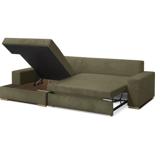 Canapé D'angle à Gauche Convertible 3/4 Places En Velours Côtelé Vert Kaki - Nyssa