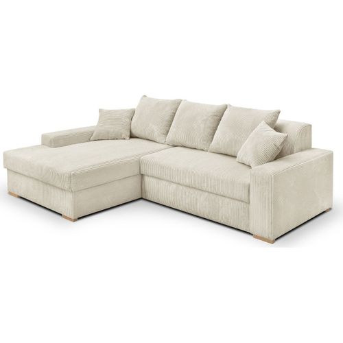 Canapé D'angle à Gauche Convertible 3/4 Places En Velours Côtelé Beige - Nyssa