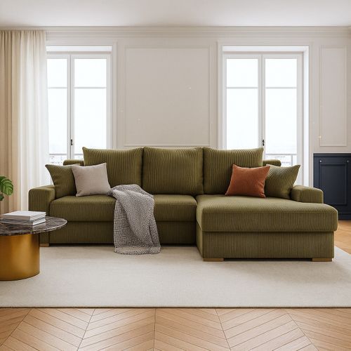 Canapé D'angle à Droite Convertible 3/4 Places En Velours Côtelé Vert Kaki - Nyssa