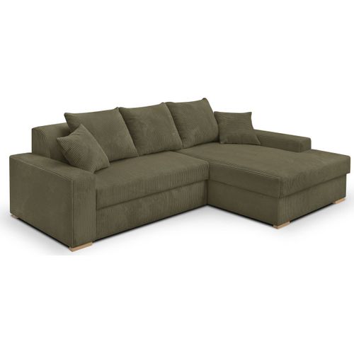 Canapé D'angle à Droite Convertible 3/4 Places En Velours Côtelé Vert Kaki - Nyssa