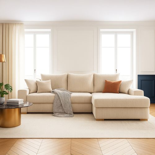 Canapé D'angle à Droite Convertible 3/4 Places En Velours Côtelé Beige - Nyssa