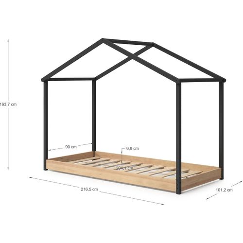 Lit Cabane Enfant 90x190 Cm En Bois Clair/gris Anthracite - Valentine