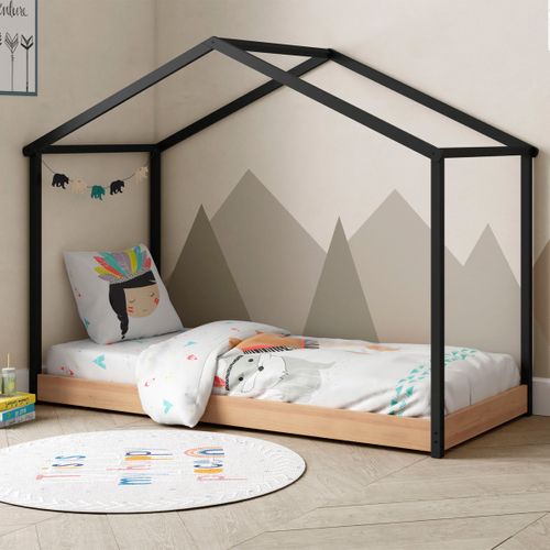 Lit Cabane Enfant 90x190 Cm En Bois Clair/gris Anthracite - Valentine