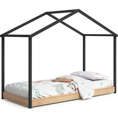 Lit Cabane Enfant 90x190 Cm En Bois Clair/gris Anthracite - Valentine