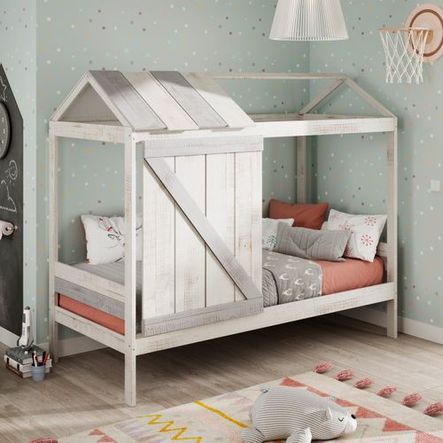 Lit Cabane Enfant Rustique 90x190 Cm En Bois Blanchi/gris - Alban
