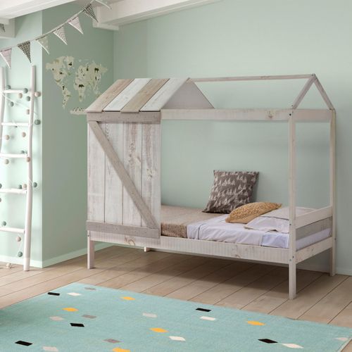 Lit Cabane Enfant Rustique 90x190 Cm En Bois Blanchi/gris - Alban
