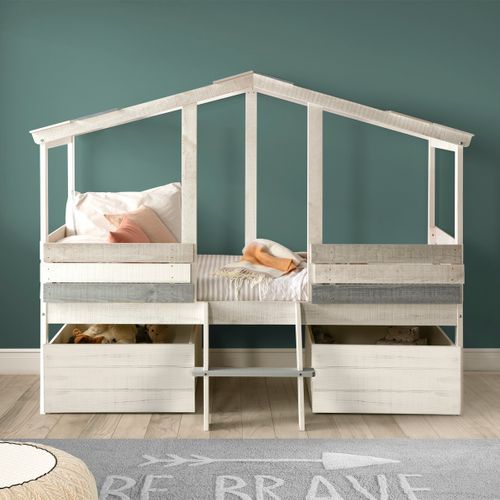 Lit Cabane Enfant Rustique 90x190 Cm En Bois Blanchi/gris - Martin