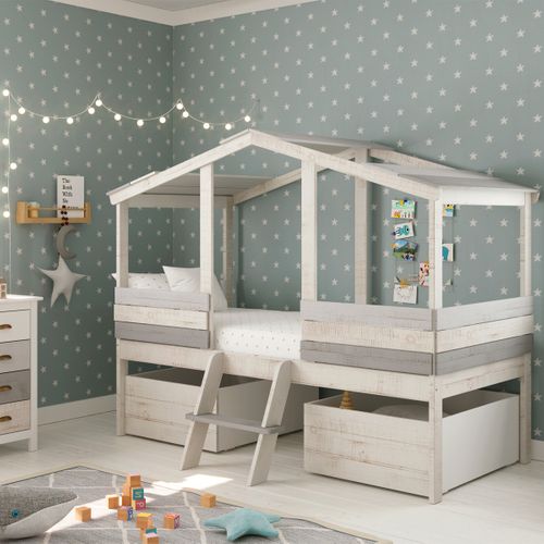 Lit Cabane Enfant Rustique 90x190 Cm En Bois Blanchi/gris - Martin