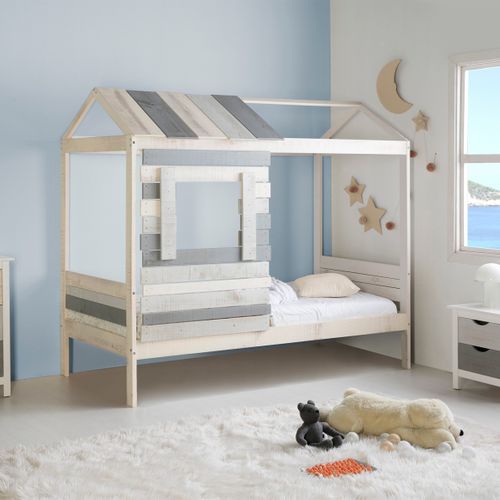 Lit Cabane Enfant Rustique 90x190 Cm En Bois Clair/gris - Sue