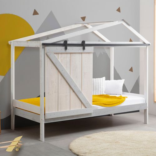 Lit Cabane Enfant Rustique 90x190 Cm En Bois Blanchi/gris - Emile