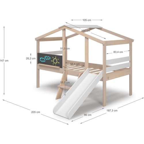 Lit Cabane Enfant Avec Toboggan 90x190 Cm En Bois Clair/blanc - Jules