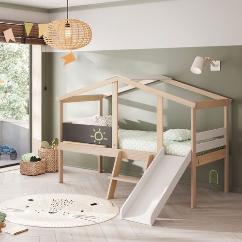 Lit Cabane Enfant Avec Toboggan 90x190 Cm En Bois Clair/blanc - Jules