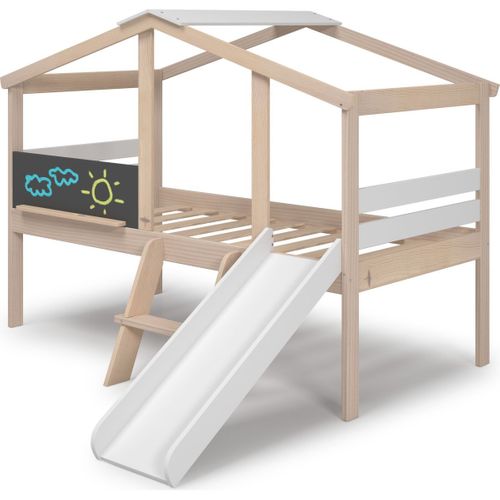 Lit Cabane Enfant Avec Toboggan 90x190 Cm En Bois Clair/blanc - Jules
