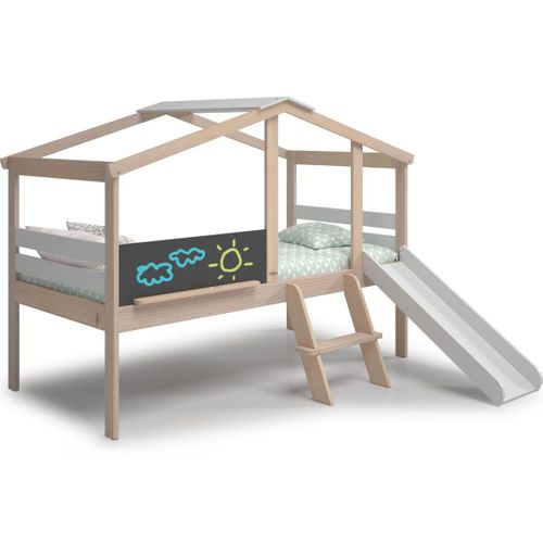 Lit Cabane Enfant Avec Toboggan 90x190 Cm En Bois Clair/blanc - Jules