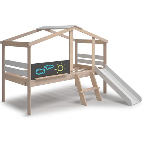 Lit Cabane Enfant Avec Toboggan 90x190 Cm En Bois Clair/blanc - Jules