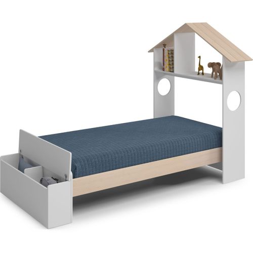 Lit Enfant 90x190 Cm En Bois Blanc Avec Tête De Lit Cabane Et Coffre De Rangement - Anatole