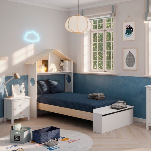 Lit Enfant 90x190 Cm En Bois Blanc Avec Tête De Lit Cabane Et Coffre De Rangement - Anatole
