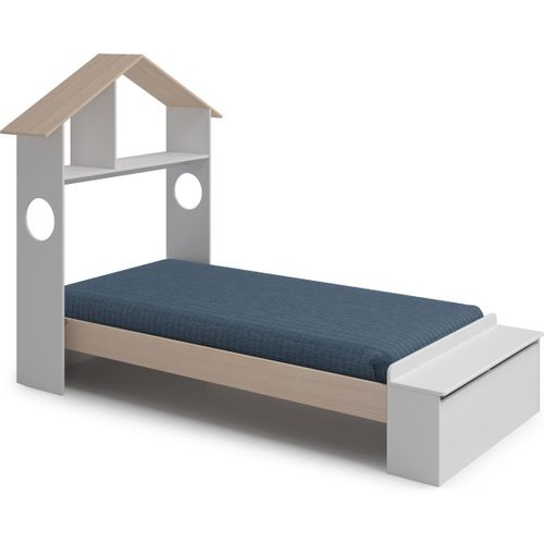 Lit Enfant 90x190 Cm En Bois Blanc Avec Tête De Lit Cabane Et Coffre De Rangement - Anatole