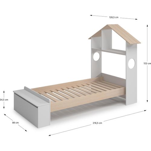 Lit Enfant 90x190 Cm En Bois Blanc Avec Tête De Lit Cabane Et Coffre De Rangement - Anatole