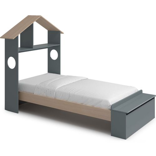 Lit Enfant 90x190 Cm En Bois Vert Kaki Avec Tête De Lit Cabane Et Coffre De Rangement - Anatole
