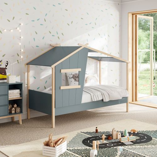 Lit Cabane Enfant 90x190 Cm En Bois Vert Kaki - Artus