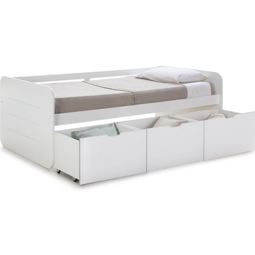 Lit Banquette Enfant 90x190 Cm En Bois Blanc Avec Tiroirs De Rangement - Lio