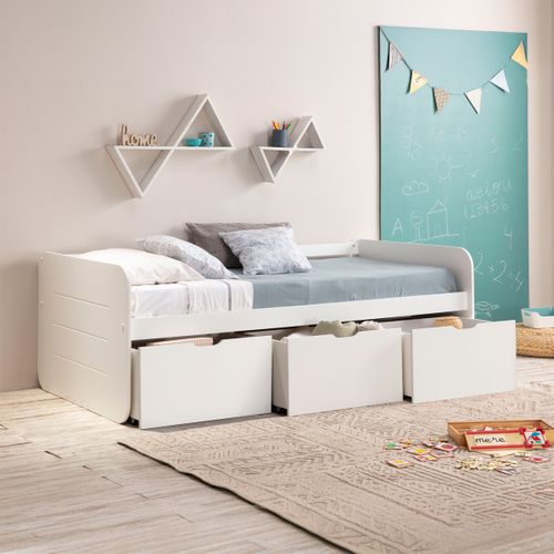 Lit Banquette Enfant 90x190 Cm En Bois Blanc Avec Tiroirs De Rangement - Lio