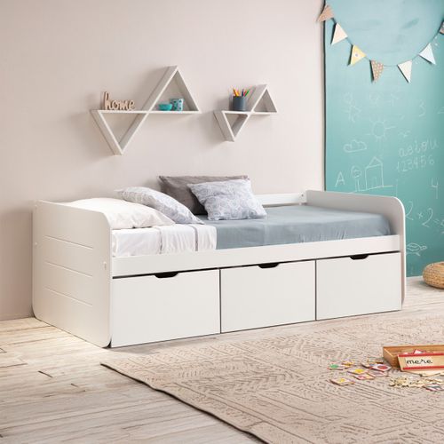 Lit Banquette Enfant 90x190 Cm En Bois Blanc Avec Tiroirs De Rangement - Lio