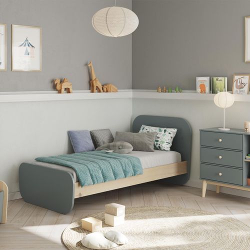 Lit Enfant 90x190 Cm Avec Tête De Lit En Bois Vert Kaki - Elise