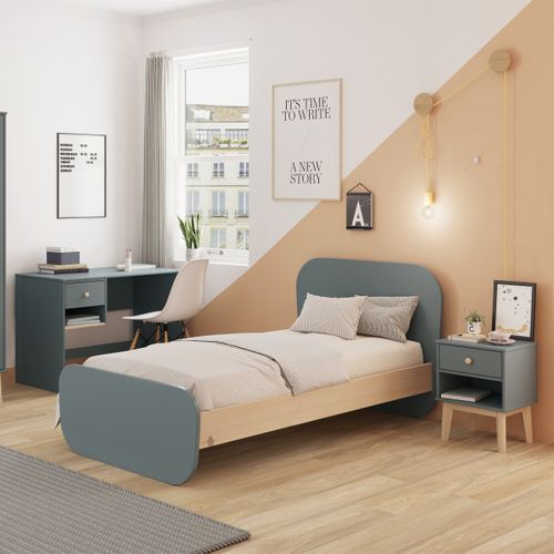 Lit Enfant 90x190 Cm Avec Tête De Lit En Bois Vert Kaki - Elise