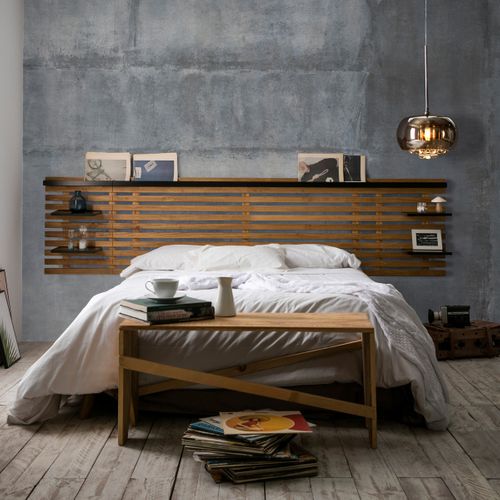 Tête De Lit Adulte En Lattes De Bois Clair / Noir 240 Cm Avec Chevets Intégrés - Essenza