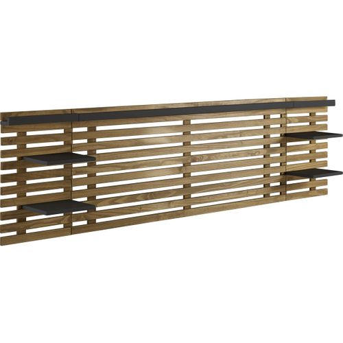 Tête De Lit Adulte En Lattes De Bois Clair / Noir 240 Cm Avec Chevets Intégrés - Essenza