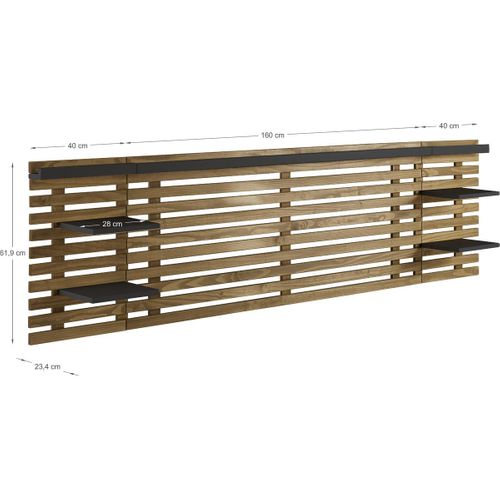 Tête De Lit Adulte En Lattes De Bois Clair / Noir 240 Cm Avec Chevets Intégrés - Essenza