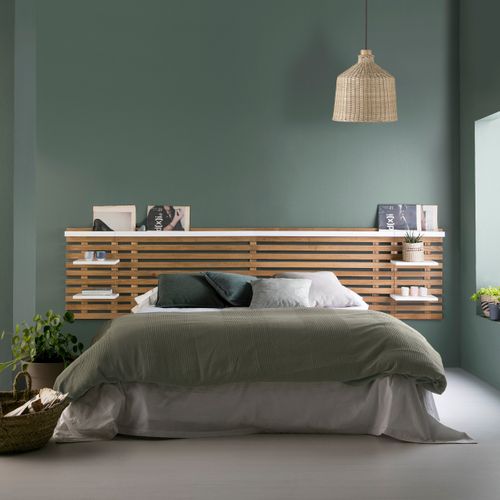 Tête De Lit Adulte En Lattes De Bois Clair / Blanc 240 Cm Avec Chevet Intégrés - Essenza