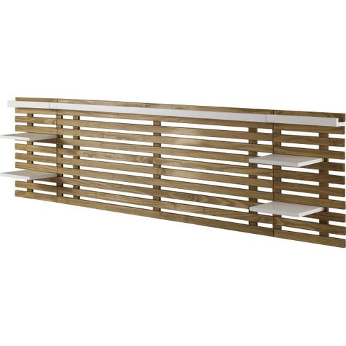 Tête De Lit Adulte En Lattes De Bois Clair / Blanc 240 Cm Avec Chevet Intégrés - Essenza