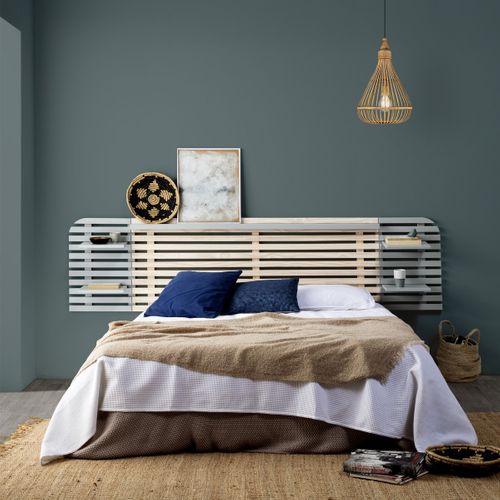 Tête De Lit Adulte En Lattes De Bois Blanchi / Gris 240 Cm Avec Chevets Intégrés - Scala