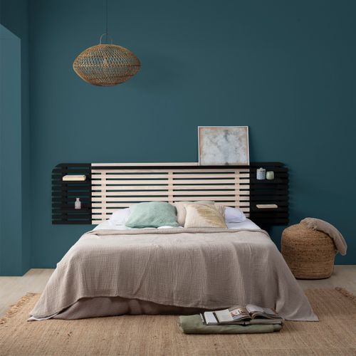 Tête De Lit Adulte En Lattes De Bois Blanchi / Noir 240 Cm Avec Chevets Intégrés - Scala