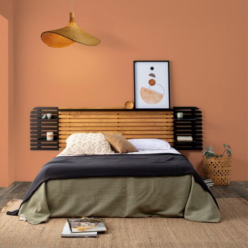 Tête De Lit Adulte En Lattes De Bois Clair / Noir Avec Chevets Intégrés 240 Cm - Scala