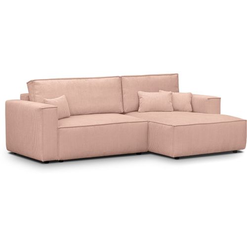 Canapé D'angle à Droite Convertible 3 Places En Velours Côtelé Rose Pâle - Asti