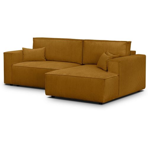 Canapé D'angle à Droite Convertible 3 Places En Velours Côtelé Jaune Moutarde - Asti