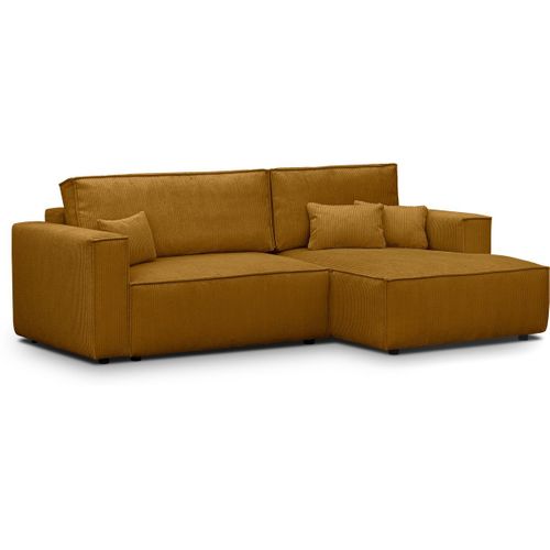 Canapé D'angle à Droite Convertible 3 Places En Velours Côtelé Jaune Moutarde - Asti