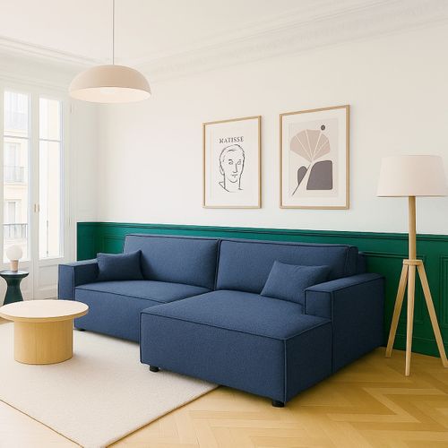 Canapé D'angle à Gauche Convertible 3 Places En Tissu Bouclé Bleu Foncé - Asti