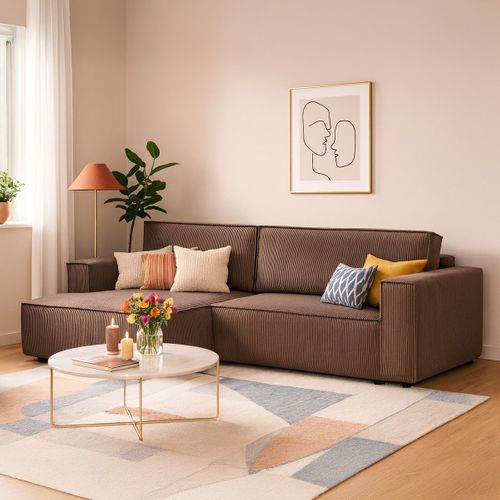 Canapé D'angle à Gauche Convertible 3 Places En Velours Côtelé Marron - Asti
