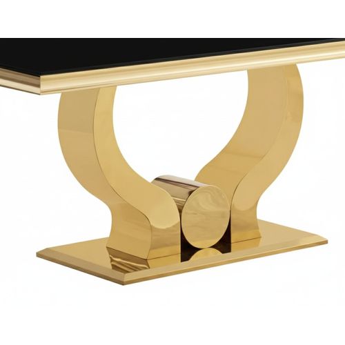Table à Manger Verre Noir Pied Métal Doré 180x90 Cm Trofy