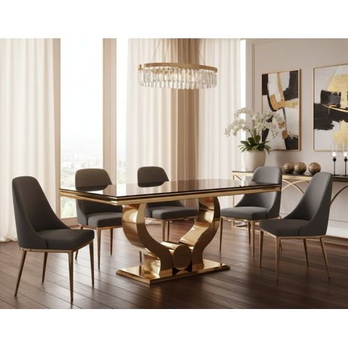 Table à Manger Verre Noir Pied Métal Doré 180x90 Cm Trofy