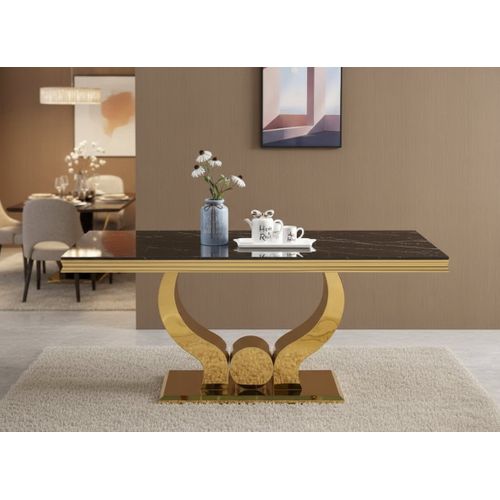 Table à Manger Trofy 6 à 8 Personnes Gold Verre Marbre Noir 180x90 Cm