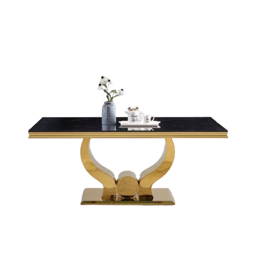 Table à Manger Trofy 6 à 8 Personnes Gold Verre Marbre Noir 180x90 Cm