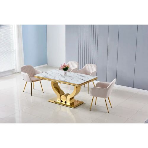 Table à Manger Trofy 6 à 8 Personnes Gold Verre Marbre Blanc 180x90 Cm